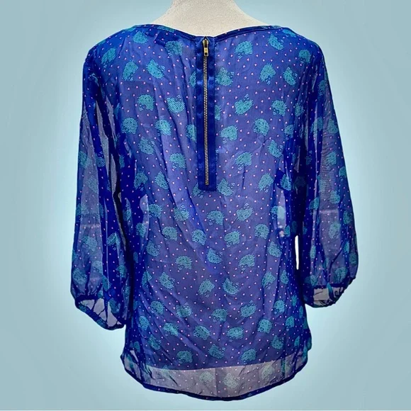 Hello Kitty Sheer Cobalt Blue Ruffle Blouse Women's L, Fits Like M, Pink‎ Hearts - Picture 4 of 10